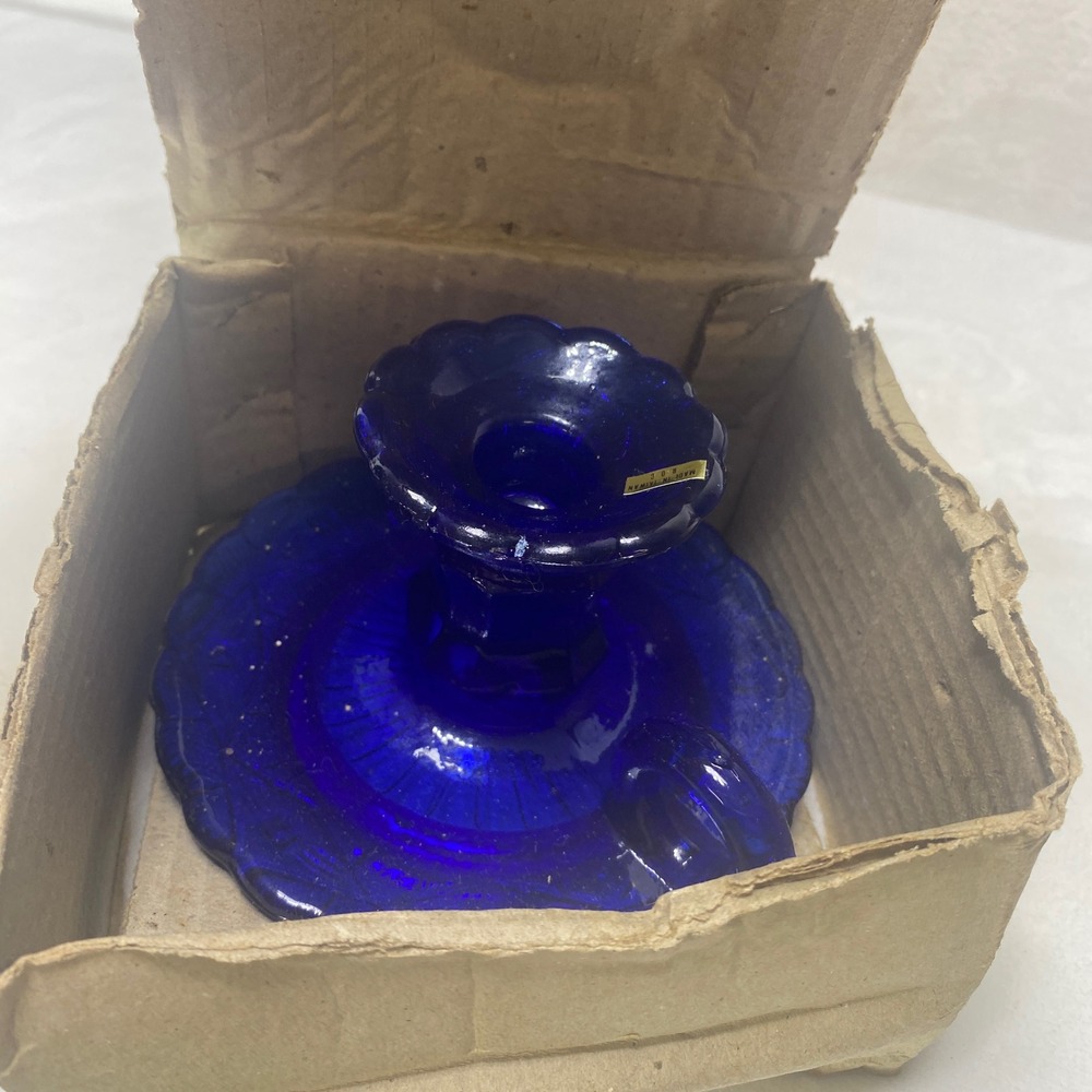 VTG Heisey Cobalt Blue Glass Candlestick Holder Handle Embossed Floral Design